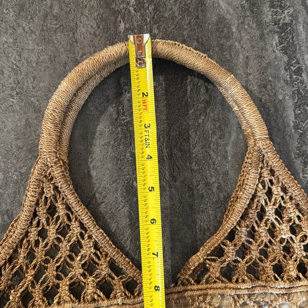 Vintage Crochet Jute Handbag Tan Cream Fabric Lining Double Handles - Picture 7 of 7